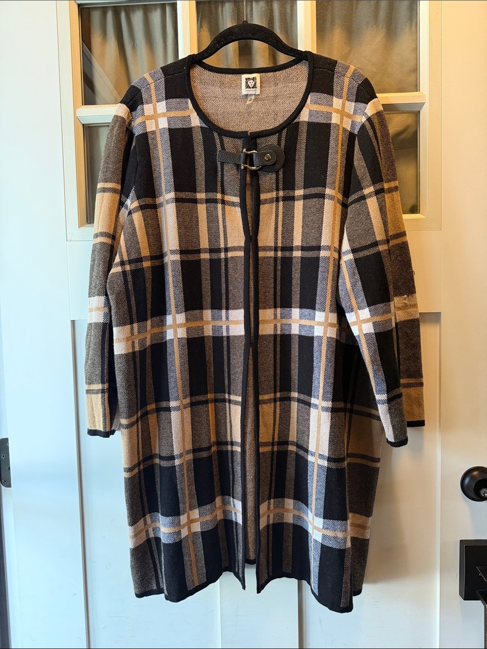 Anne Klein Black and Tan Plaid Long Sleeve Knit Cardigan